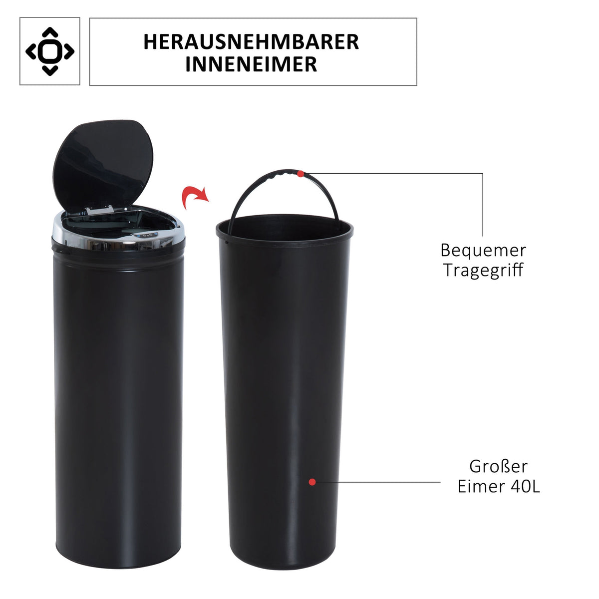 Sensor Trash Can 50L Automatic Trash Can, Rustproof Kitchen Bucket, Infrared Sensor, Black, Stainless Steel