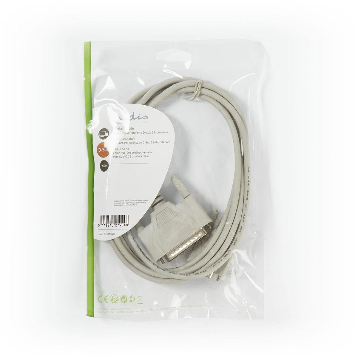 Series Cable | D-SUB 9-Pin Female | D-SUB 25-Pin Male | Nickel Plated | 2.00 m | Round | PVC | Ivory | Plastic bag