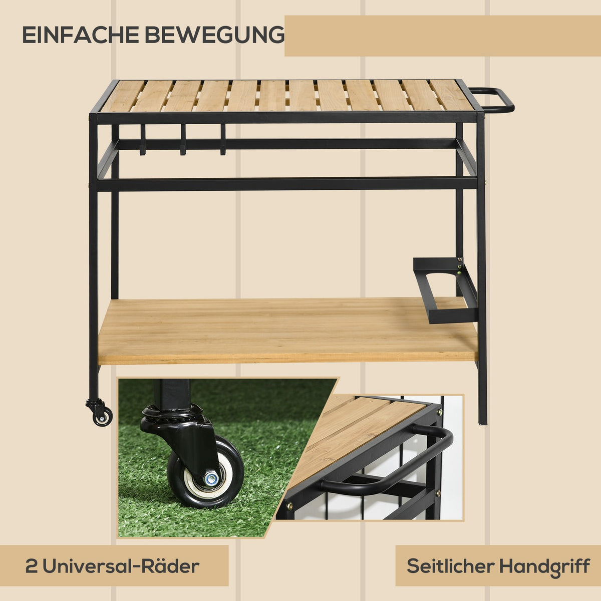 Serving Trolley, Barbecue Trolley With 2 Shelves, Kitchen Trolley With Hooks, Outdoor Multifunctional Table With Wheels, Natural, 107 X 65 X 80Cm
