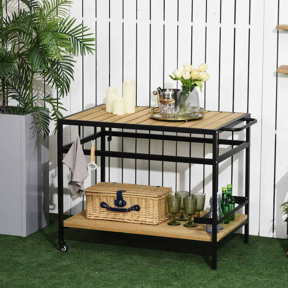 Serving Trolley, Barbecue Trolley With 2 Shelves, Kitchen Trolley With Hooks, Outdoor Multifunctional Table With Wheels, Natural, 107 X 65 X 80Cm