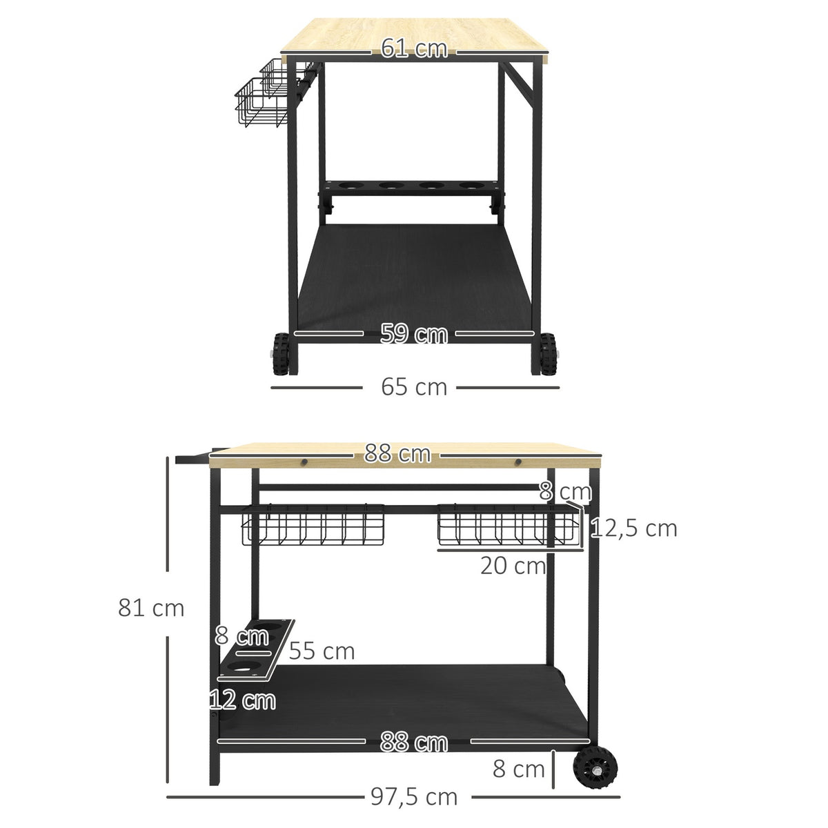 Serving Trolley, Garden Trolley With 2 Tiers, Barbecue Trolley With Storage Basket, Outdoor Kitchen Trolley With Handle, Cup Holder, Fir Tree