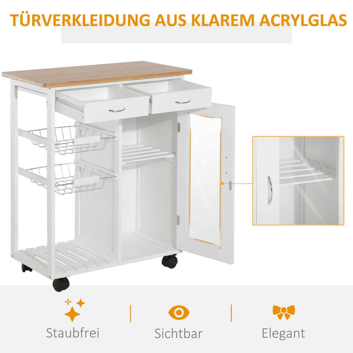Serving Trolley, Kitchen Trolley, Trolley For The Kitchen, White, Wood, Practical And Stylish
