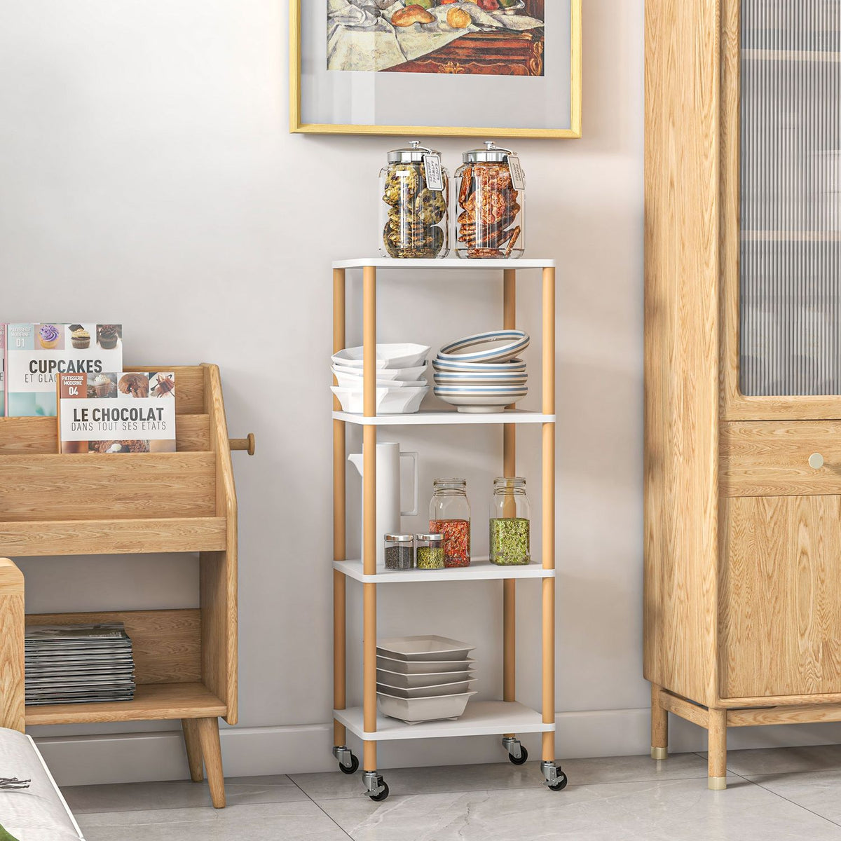 Serving Trolley Kitchen Trolley Trolley With 4 Levels Multi-Purpose Storage Trolley Steel Natural 40 X 30 X 105.5 Cm