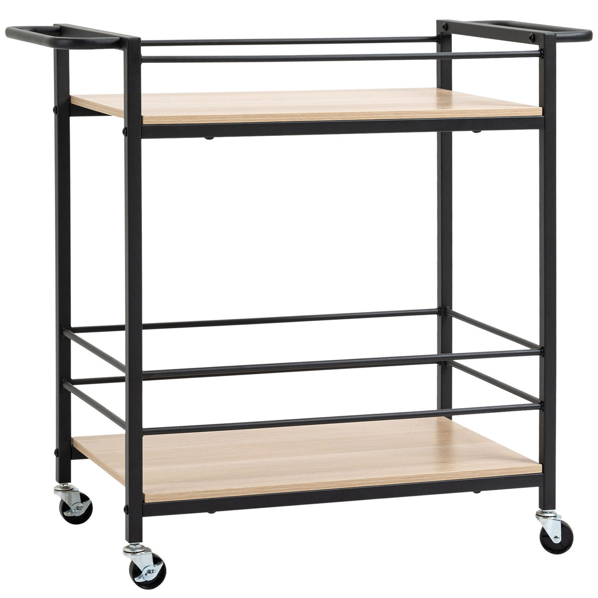 Serving Trolley Kitchen Trolley With 2 Levels, Handle, Wheels With Brakes, Guard Rails, Load Capacity 60 Kg, 82X40X75 Cm