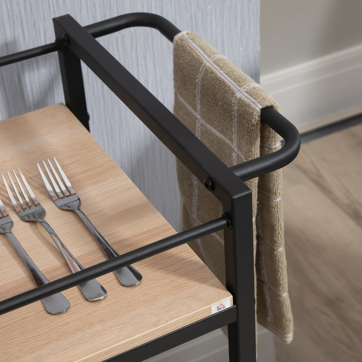 Serving Trolley Kitchen Trolley With 2 Levels, Handle, Wheels With Brakes, Guard Rails, Load Capacity 60 Kg, 82X40X75 Cm