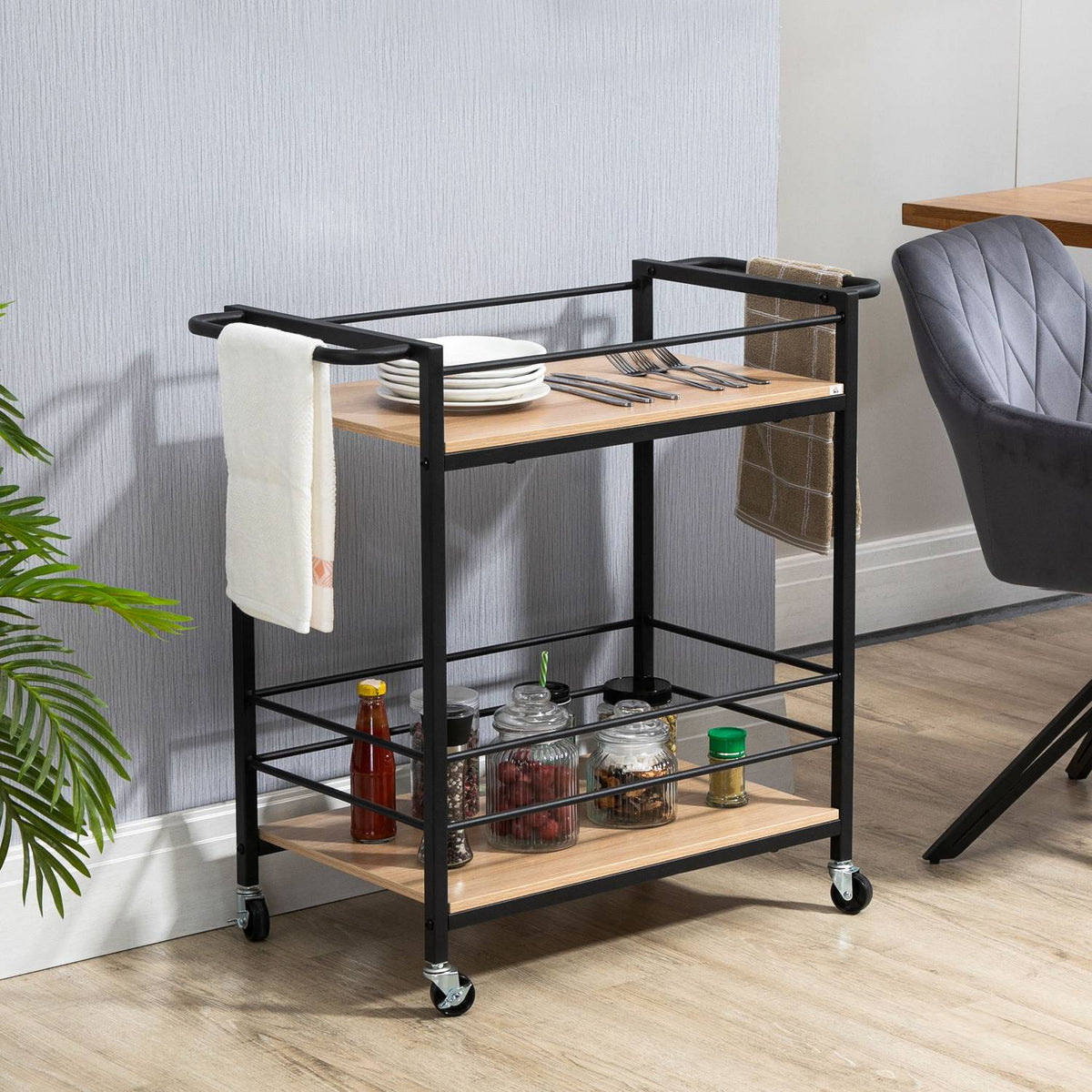 Serving Trolley Kitchen Trolley With 2 Levels, Handle, Wheels With Brakes, Guard Rails, Load Capacity 60 Kg, 82X40X75 Cm