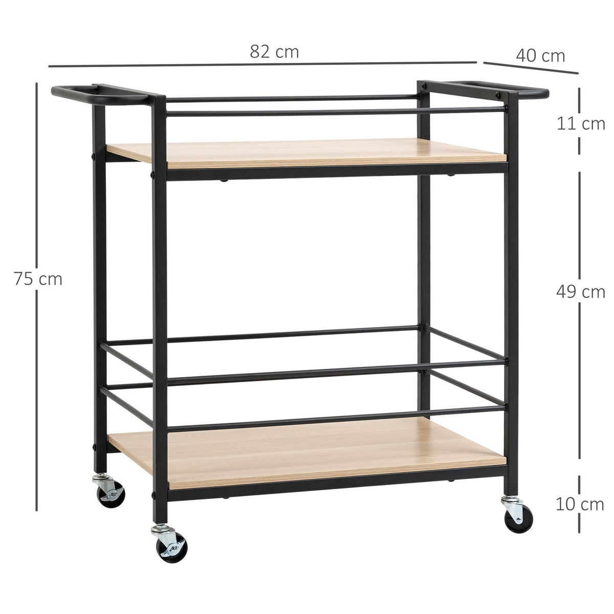Serving Trolley Kitchen Trolley With 2 Levels, Handle, Wheels With Brakes, Guard Rails, Load Capacity 60 Kg, 82X40X75 Cm