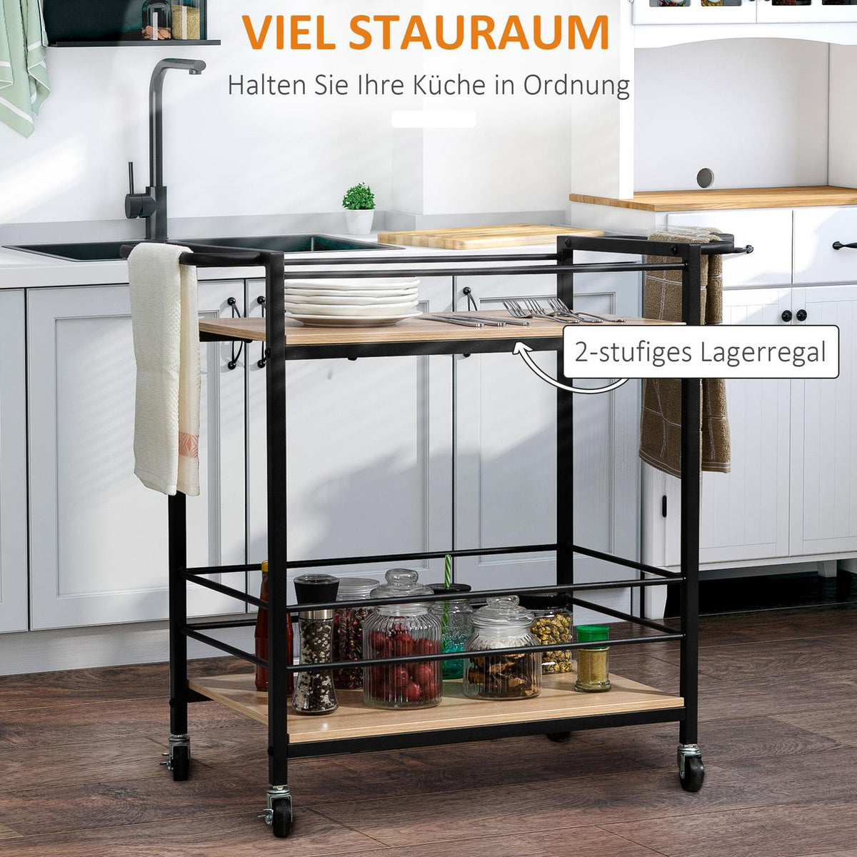 Serving Trolley Kitchen Trolley With 2 Levels, Handle, Wheels With Brakes, Guard Rails, Load Capacity 60 Kg, 82X40X75 Cm