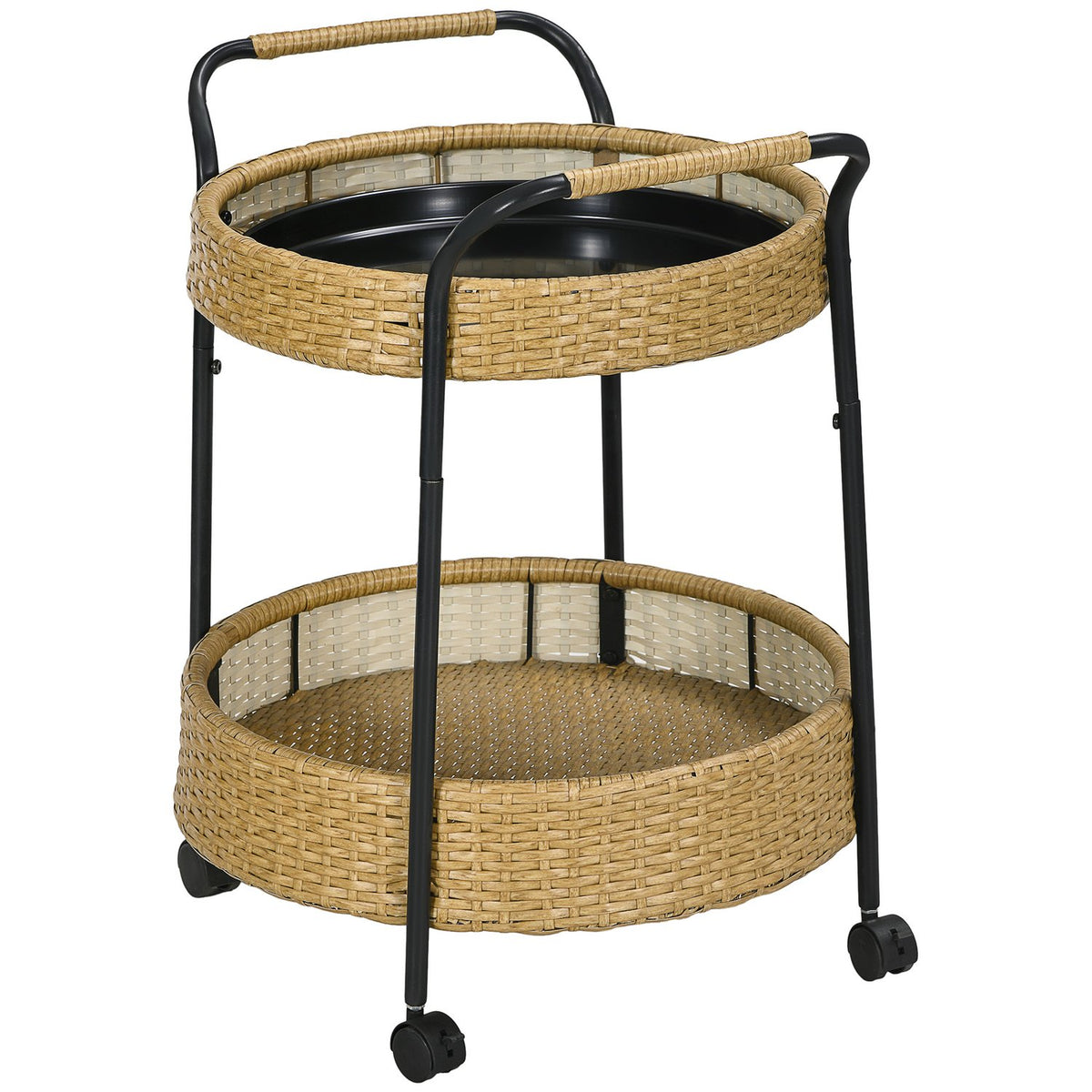 Serving Trolley Rattan Trolley With 2 Shelves Garden Trolley Round Kitchen Trolley With Handles Outdoor Bar Trolley Steel Frame Natural Φ50 X 66 Cm