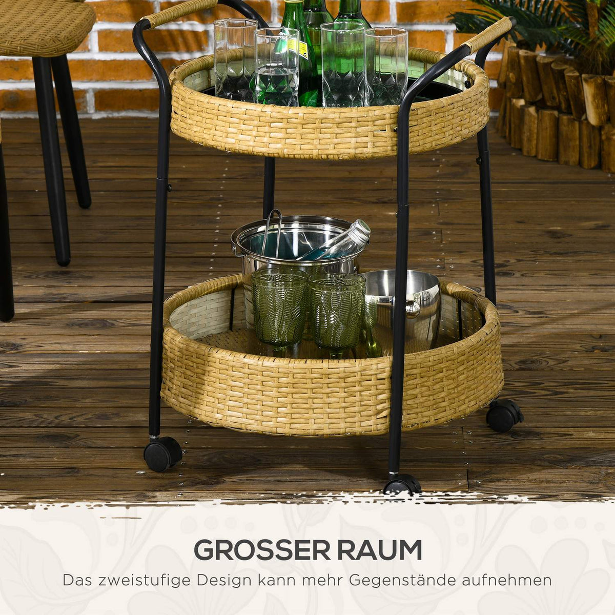 Serving Trolley Rattan Trolley With 2 Shelves Garden Trolley Round Kitchen Trolley With Handles Outdoor Bar Trolley Steel Frame Natural Φ50 X 66 Cm