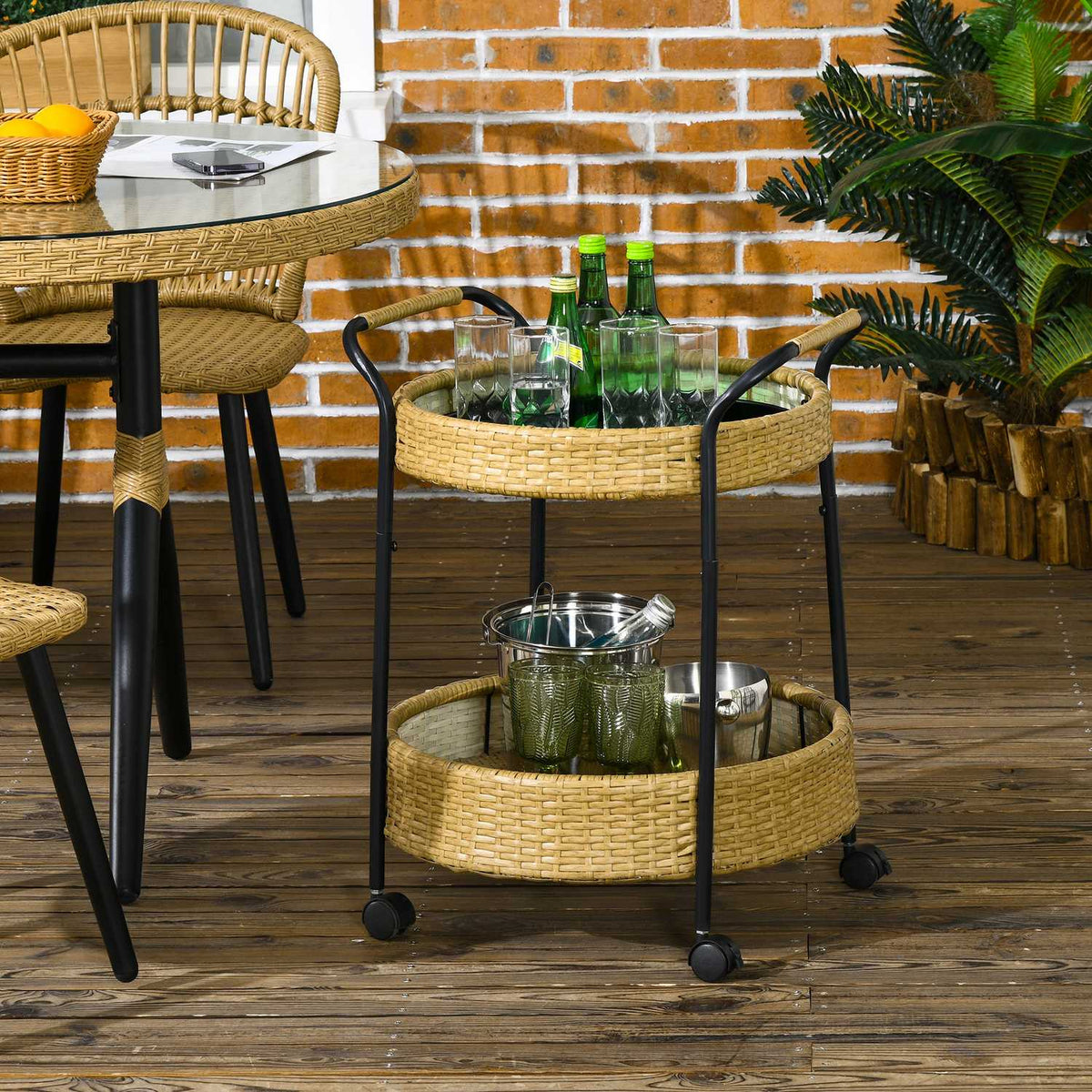Serving Trolley Rattan Trolley With 2 Shelves Garden Trolley Round Kitchen Trolley With Handles Outdoor Bar Trolley Steel Frame Natural Φ50 X 66 Cm