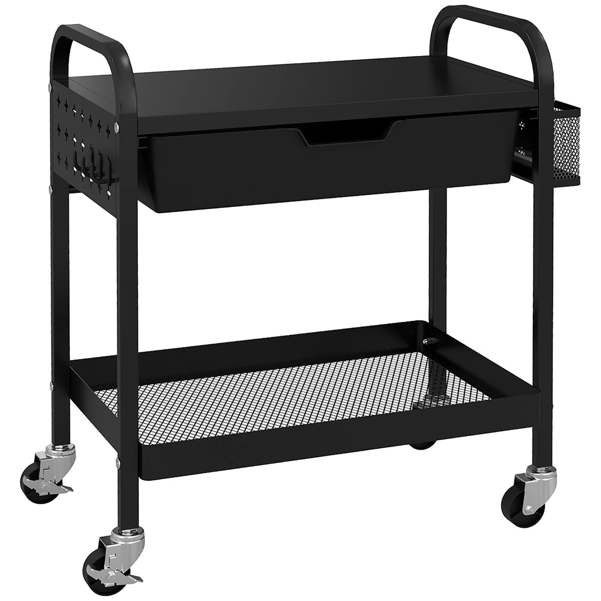 Serving Trolley With 1 Drawer And 1 Shelf, Kitchen Trolley, Storage Trolley With Hooks, Side Trolley