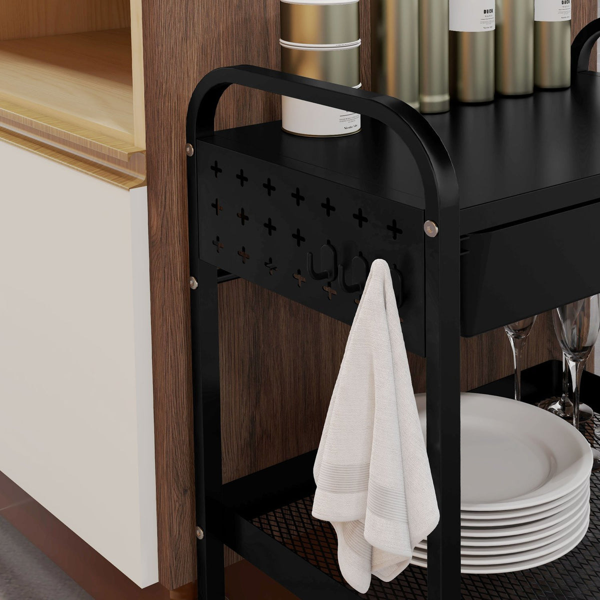 Serving Trolley With 1 Drawer And 1 Shelf, Kitchen Trolley, Storage Trolley With Hooks, Side Trolley