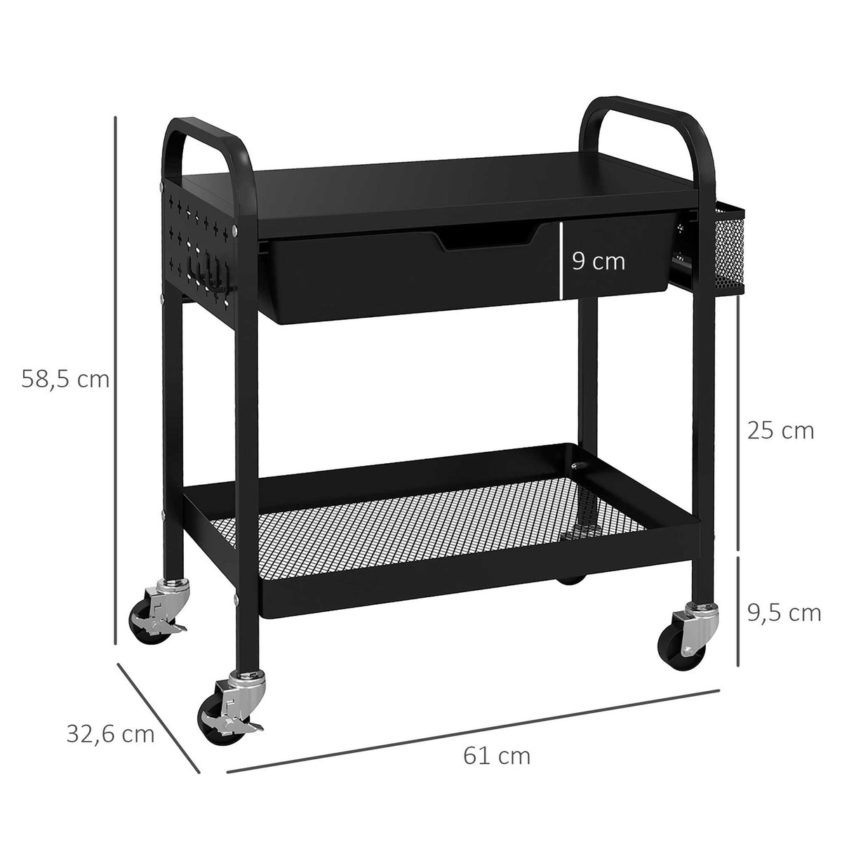 Serving Trolley With 1 Drawer And 1 Shelf, Kitchen Trolley, Storage Trolley With Hooks, Side Trolley