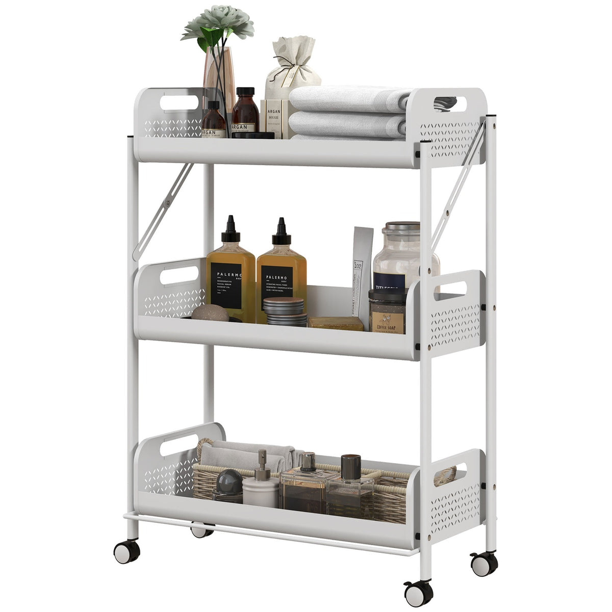 Serving Trolley With 3 Tiers, Foldable Storage Trolley, Kitchen Trolley With Mesh Baskets, Steel, White