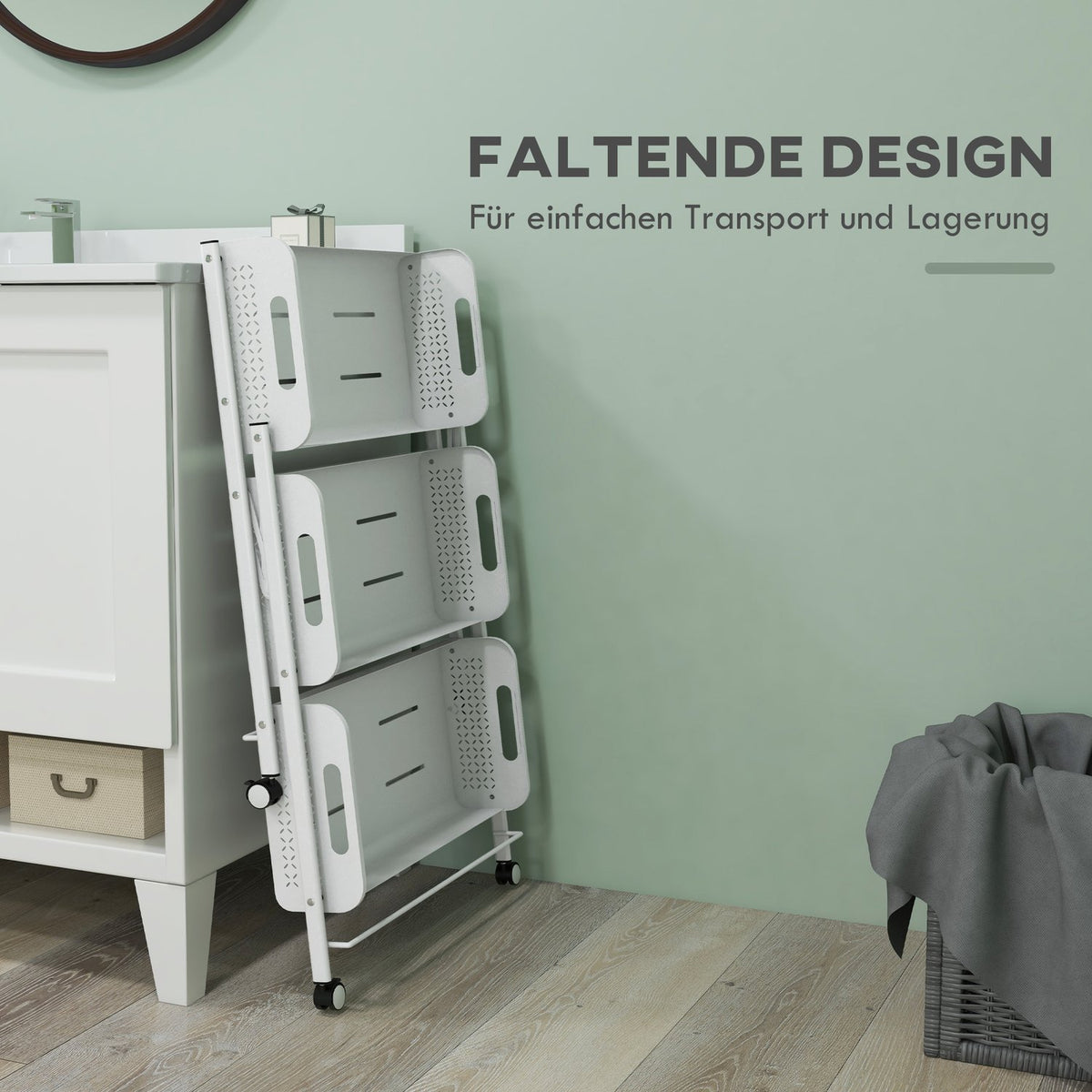 Serving Trolley With 3 Tiers, Foldable Storage Trolley, Kitchen Trolley With Mesh Baskets, Steel, White