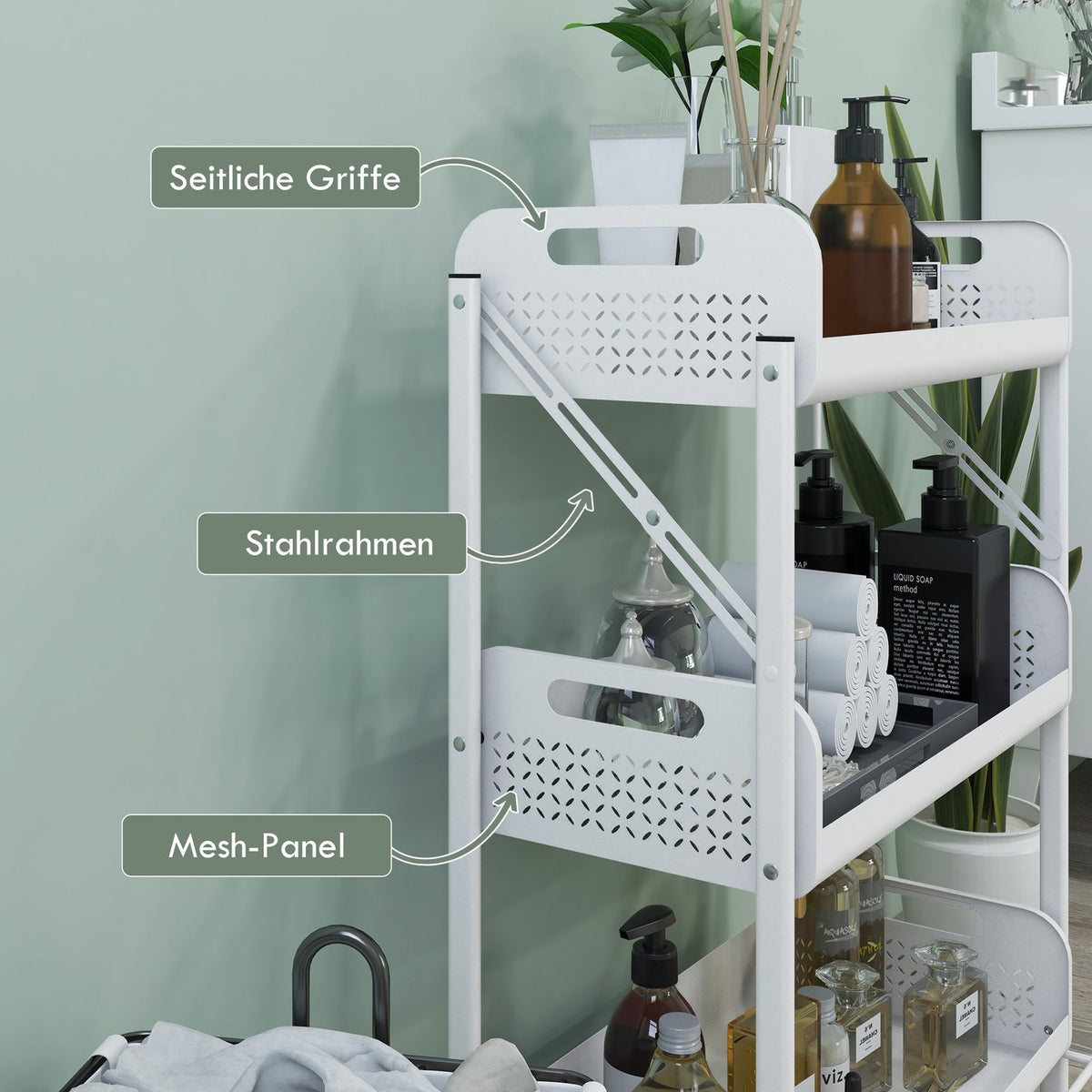 Serving Trolley With 3 Tiers, Foldable Storage Trolley, Kitchen Trolley With Mesh Baskets, Steel, White