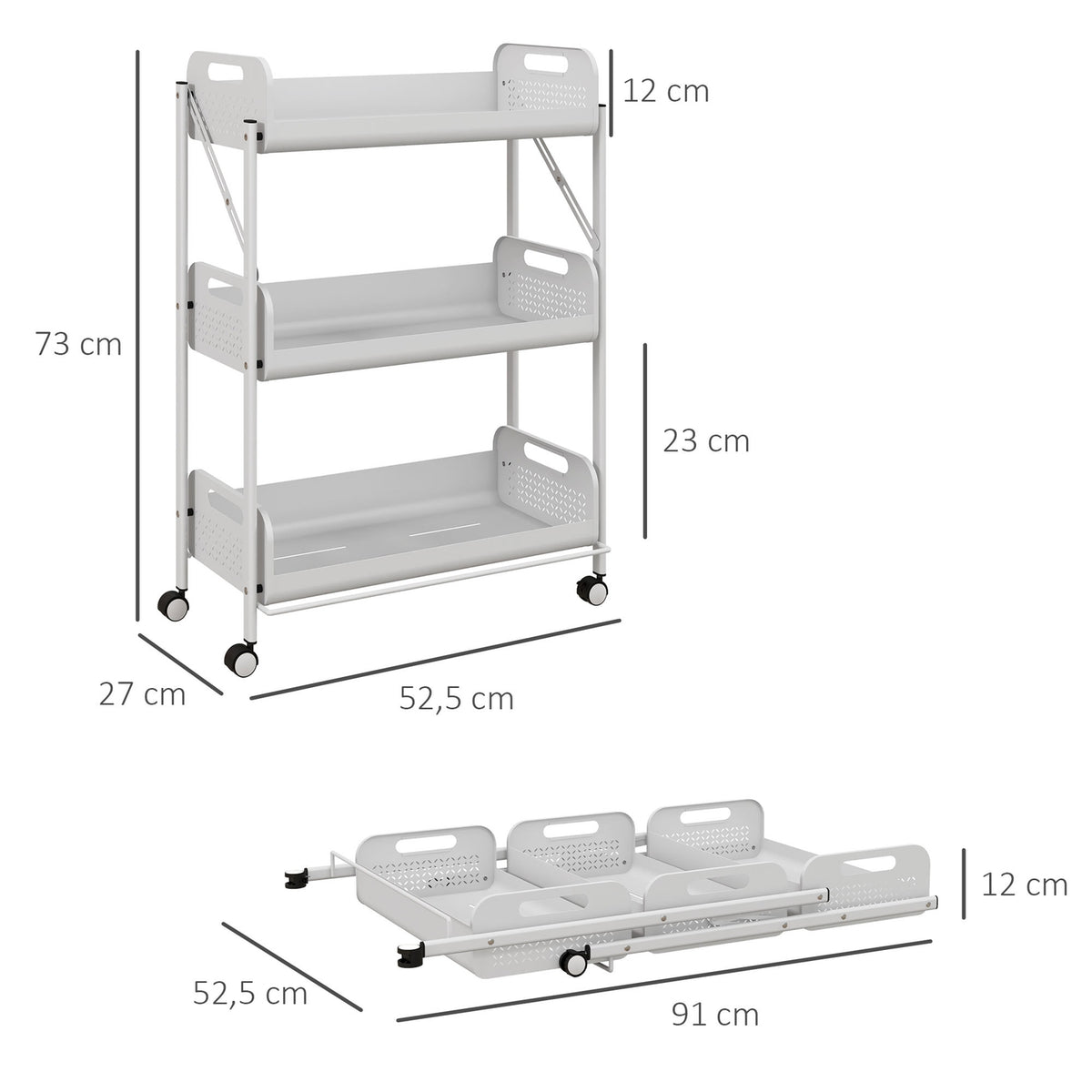 Serving Trolley With 3 Tiers, Foldable Storage Trolley, Kitchen Trolley With Mesh Baskets, Steel, White