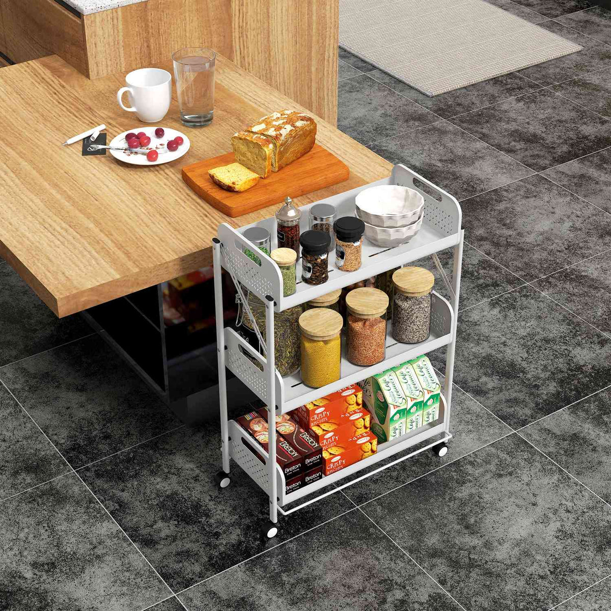 Serving Trolley With 3 Tiers, Foldable Storage Trolley, Kitchen Trolley With Mesh Baskets, Steel, White