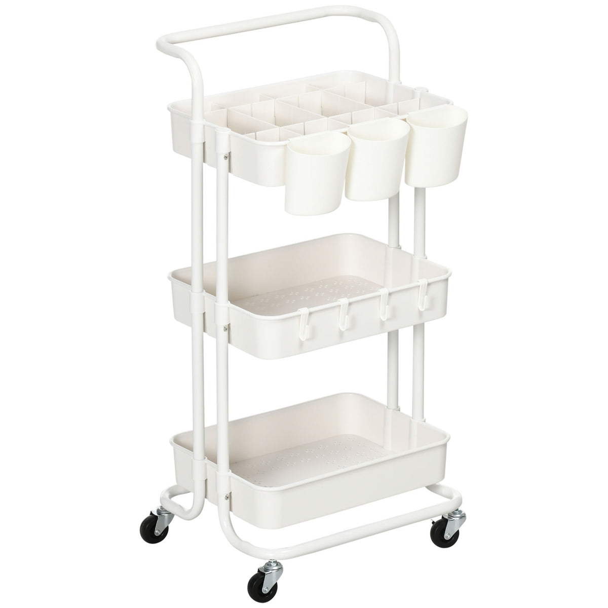Serving Trolley With 3 Tiers, Storage Baskets, Kitchen Trolley With Hooks, Storage Trolley, Side Trolley For Kitchen, Living Room, Steel, White