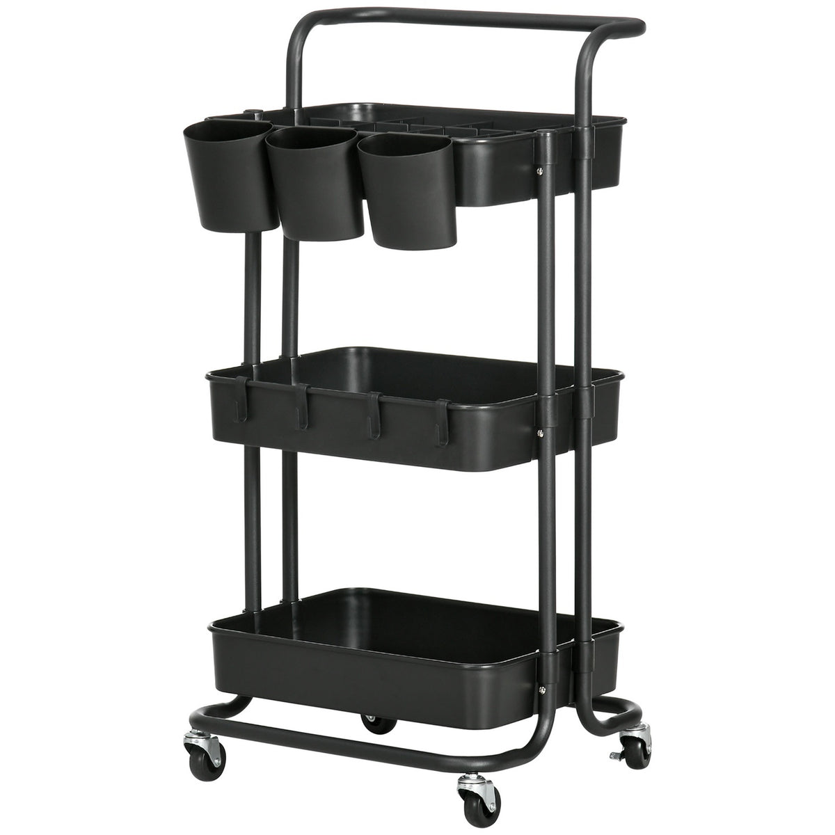 Serving Trolley with 3 Tiers, Storage Baskets, Kitchen Trolley with Hooks, Storage Trolley, Side Trolley for Kitchen, Living Room, Steel, Black