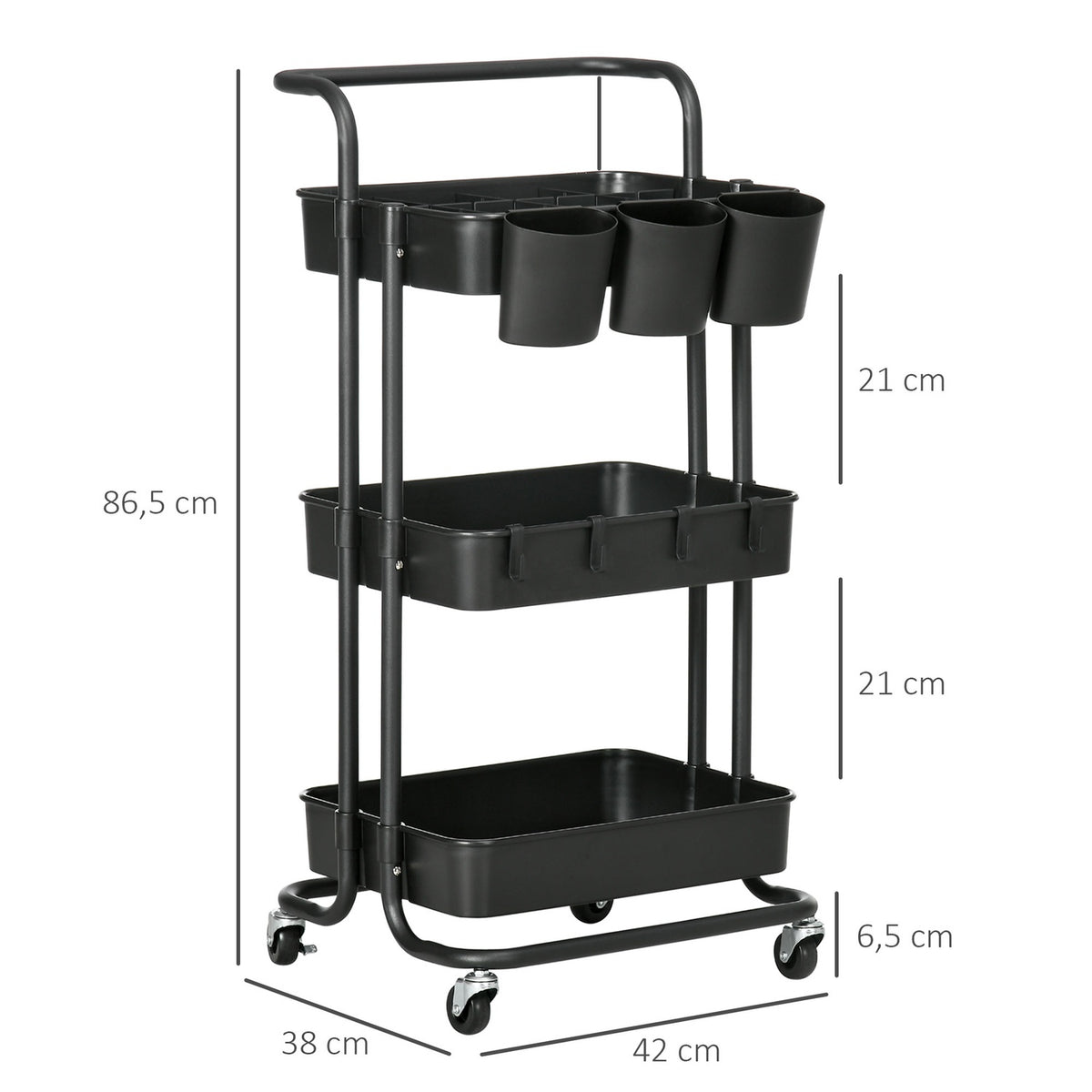 Serving Trolley with 3 Tiers, Storage Baskets, Kitchen Trolley with Hooks, Storage Trolley, Side Trolley for Kitchen, Living Room, Steel, Black