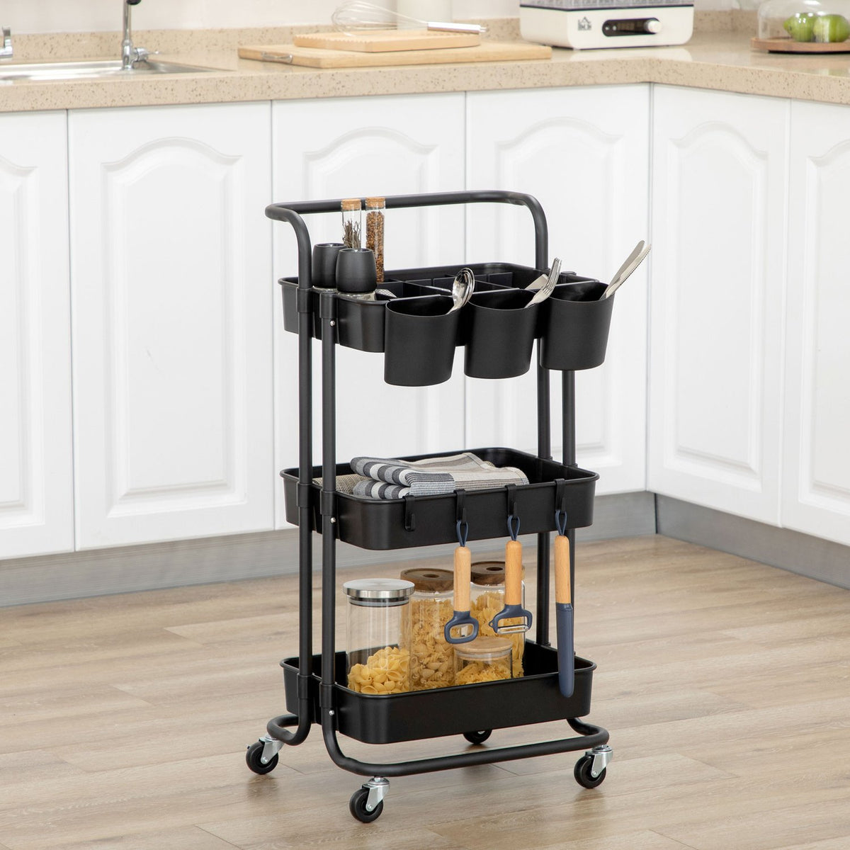 Serving Trolley with 3 Tiers, Storage Baskets, Kitchen Trolley with Hooks, Storage Trolley, Side Trolley for Kitchen, Living Room, Steel, Black