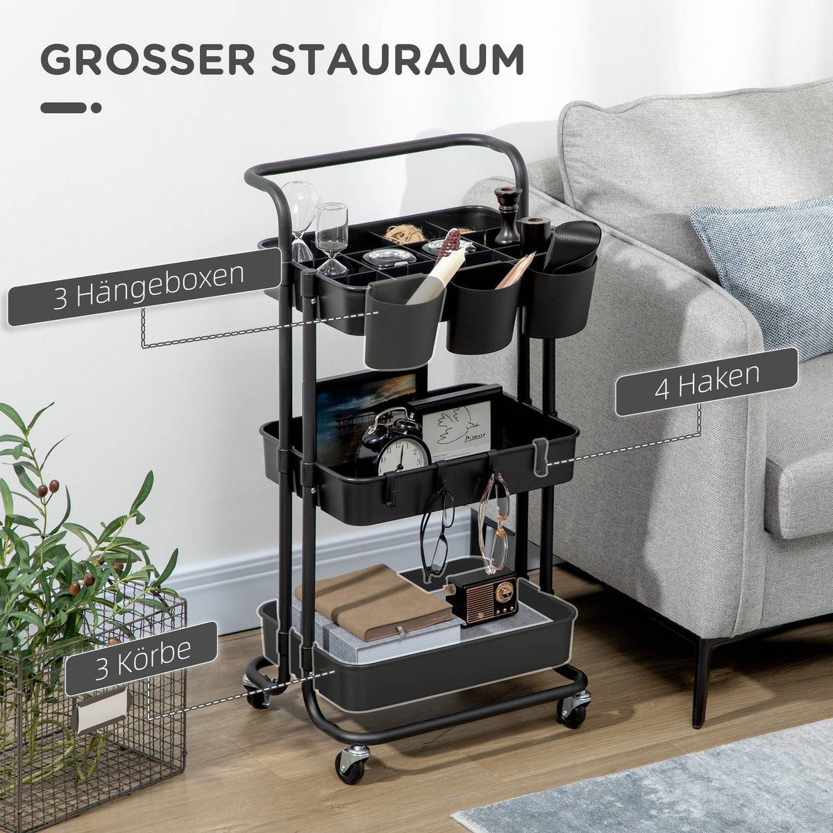 Serving Trolley with 3 Tiers, Storage Baskets, Kitchen Trolley with Hooks, Storage Trolley, Side Trolley for Kitchen, Living Room, Steel, Black