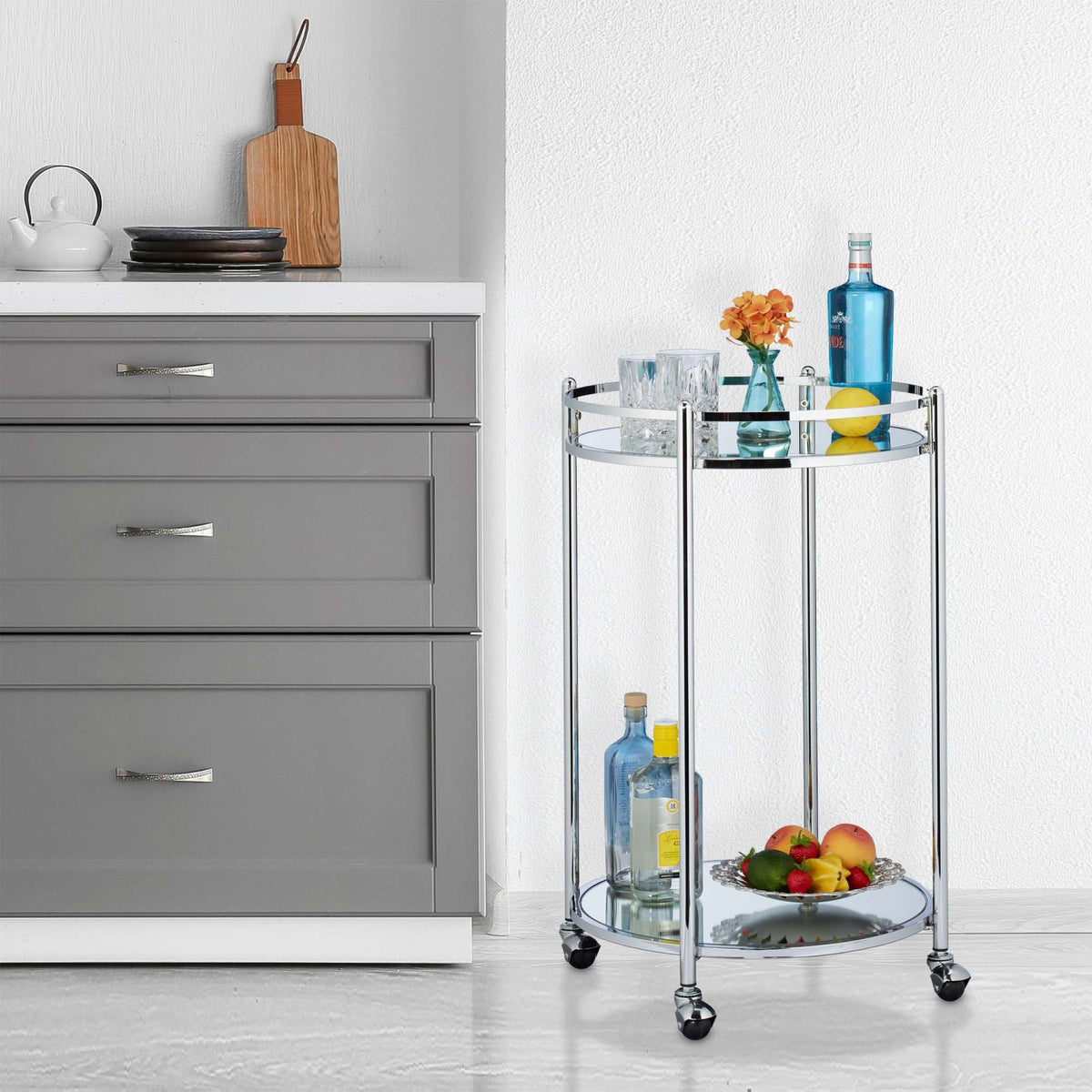 Serving trolley round silver