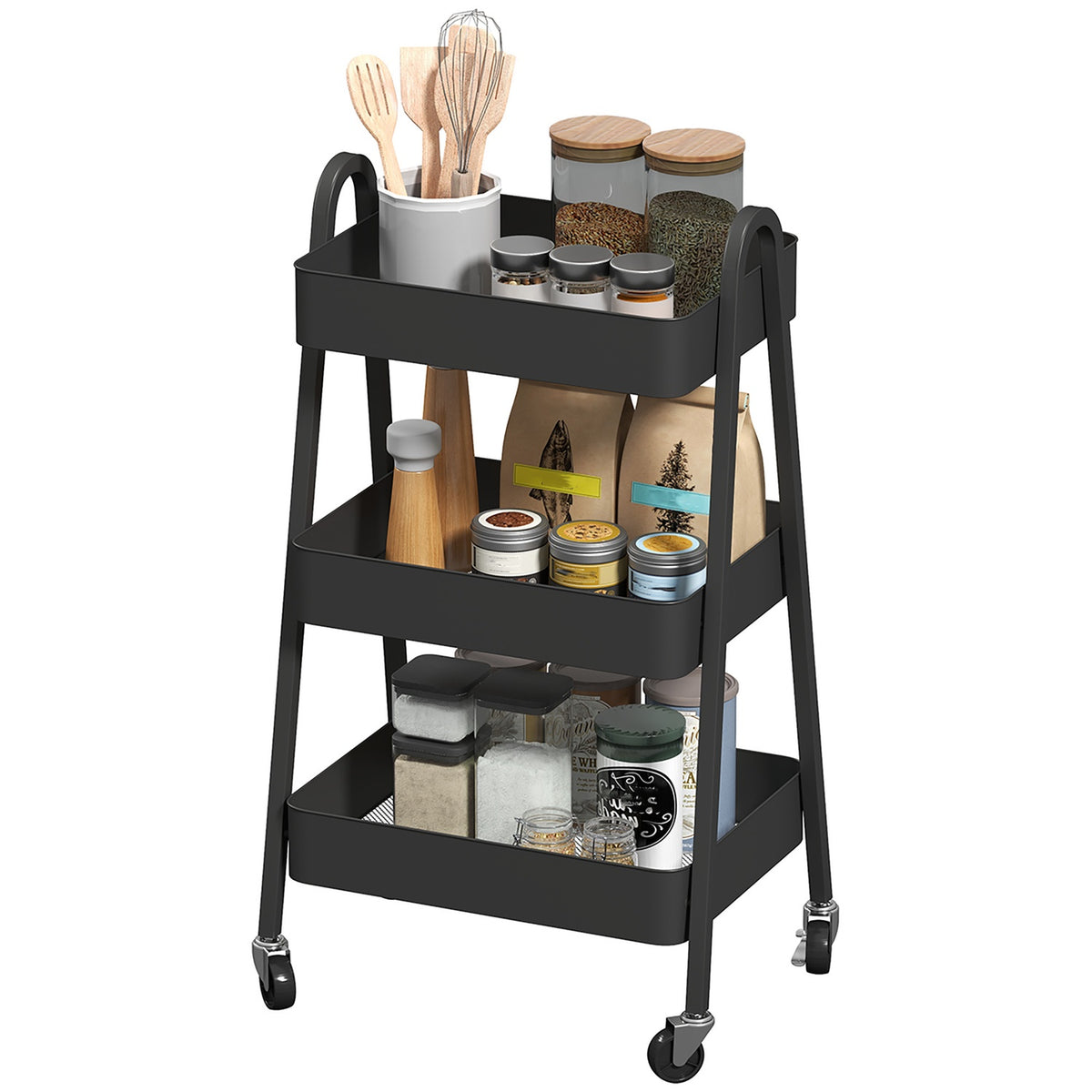 Serving trolley with 3 levels, kitchen trolley with wheels, handle, trolley with brake, kitchen shelf, kitchen trolley, all-purpose trolley for kitchen, office, bathroom, black