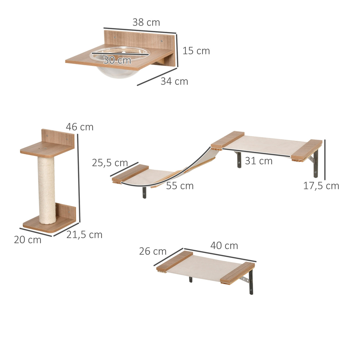 Set For Cats With Scratching Post, Cat Stairs And Hammock, Light Brown, Sisal, Acrylic, Pine