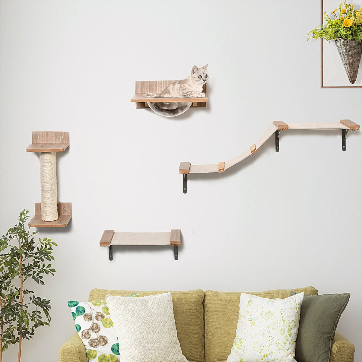 Set For Cats With Scratching Post, Cat Stairs And Hammock, Light Brown, Sisal, Acrylic, Pine