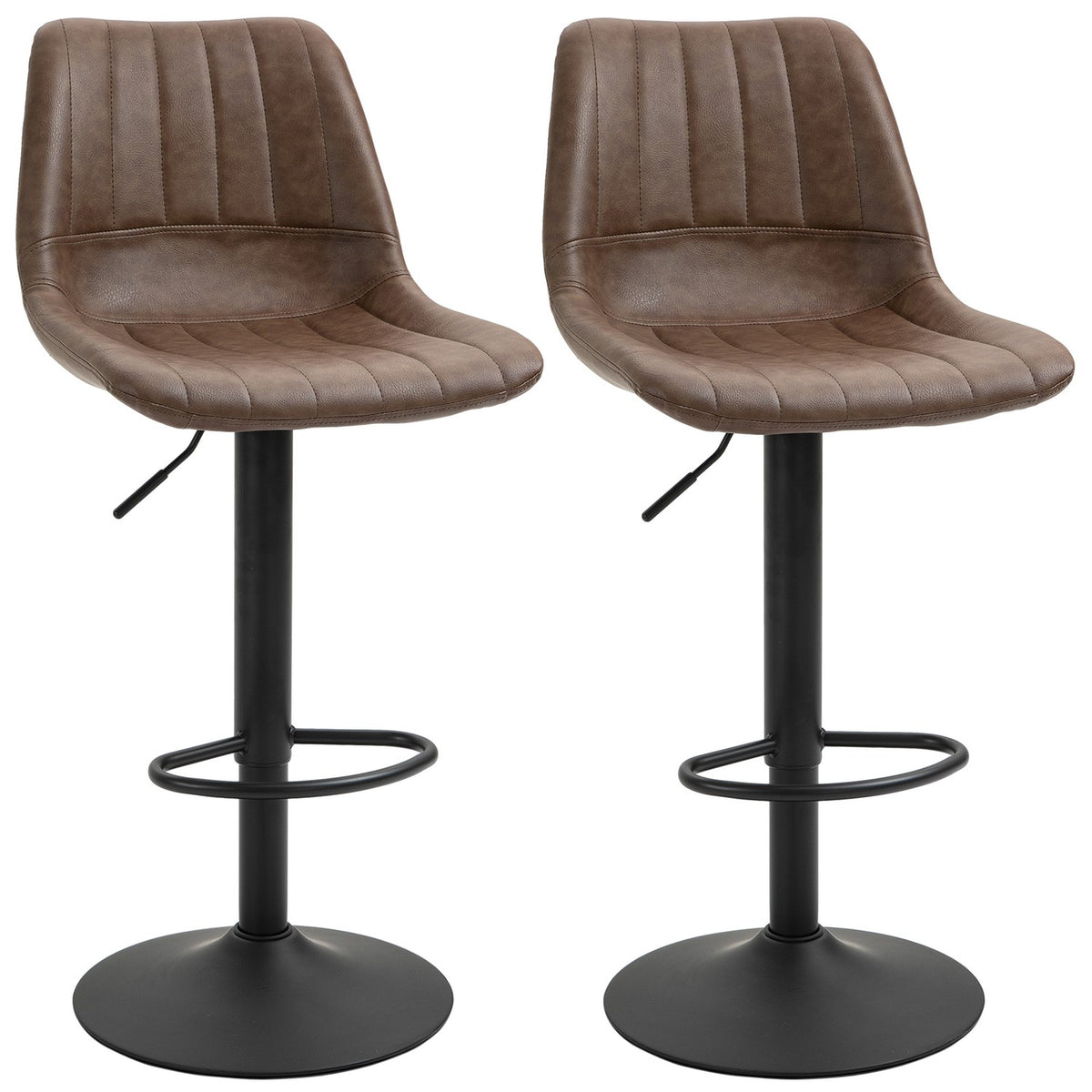 Set Of 2 Bar Stools, Counter Stools, Height-Adjustable Kitchen Stools, Bar Chairs, Bistro Stools With Foot Ring, Faux Leather, Steel, Brown