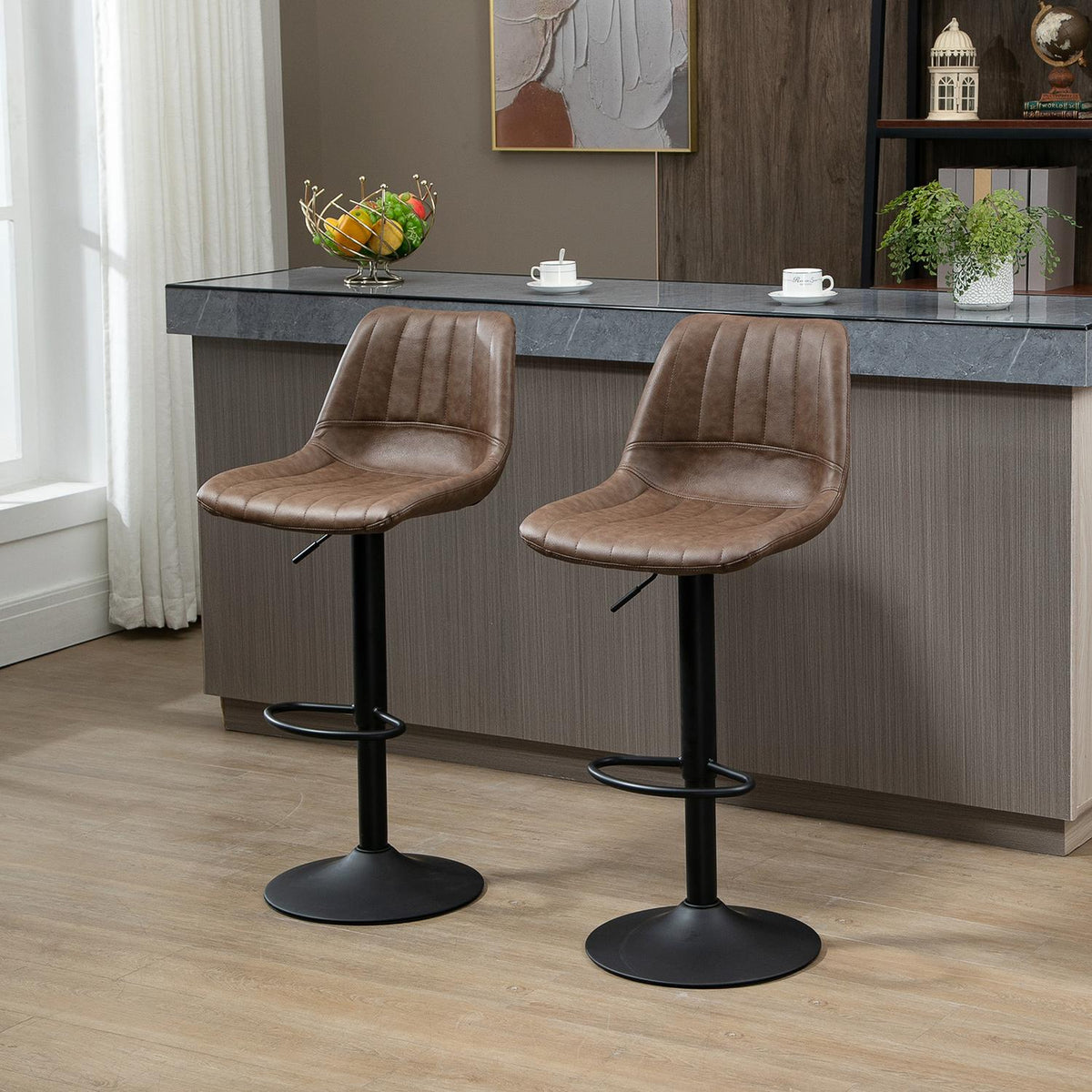 Set Of 2 Bar Stools, Counter Stools, Height-Adjustable Kitchen Stools, Bar Chairs, Bistro Stools With Foot Ring, Faux Leather, Steel, Brown