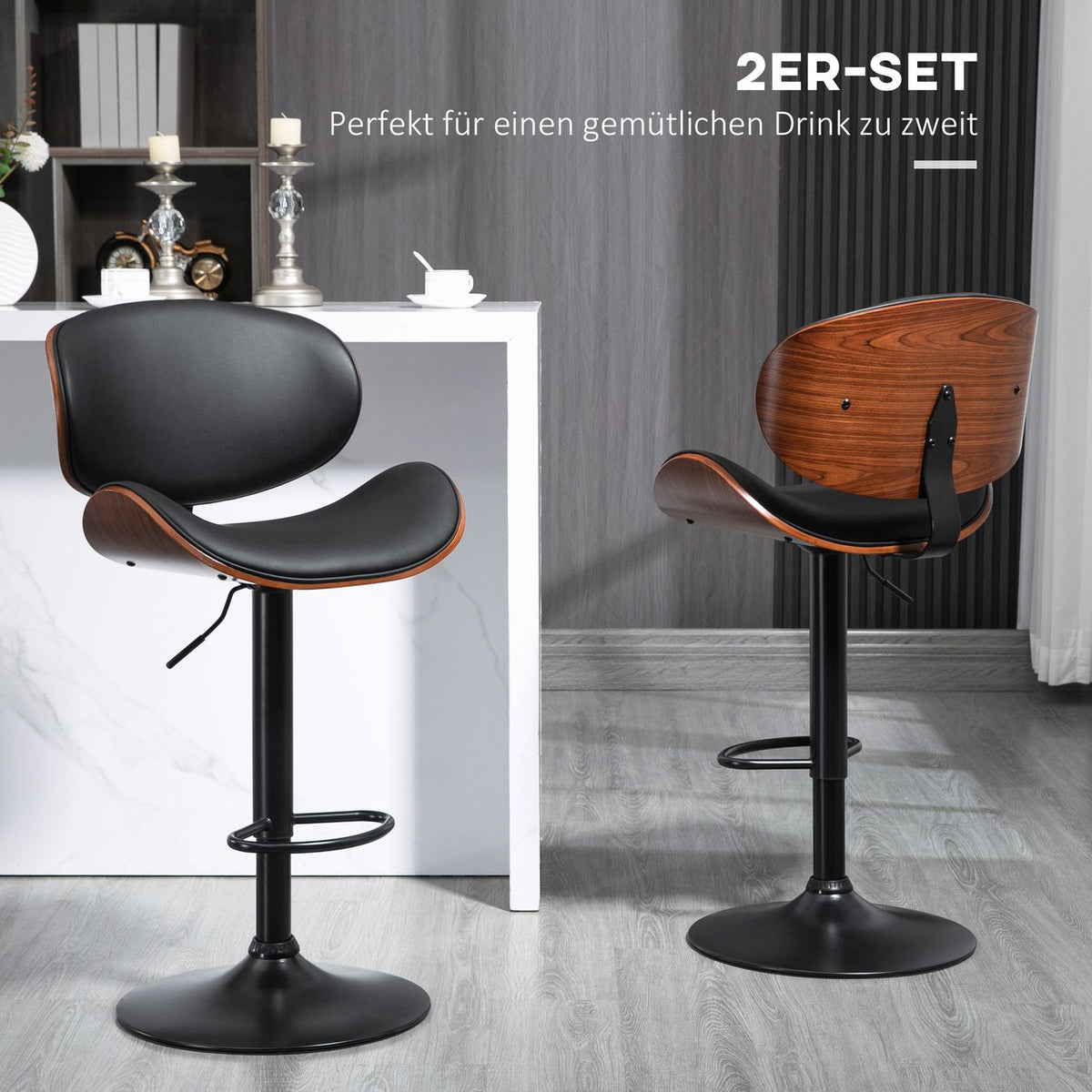 Set Of 2 Bar Stools, Height-Adjustable Kitchen Stools, Counter Chair Made Of Faux Leather, Swivel Chair With Footrests, Bar Chair, 53 X 52 X 92-112 Cm