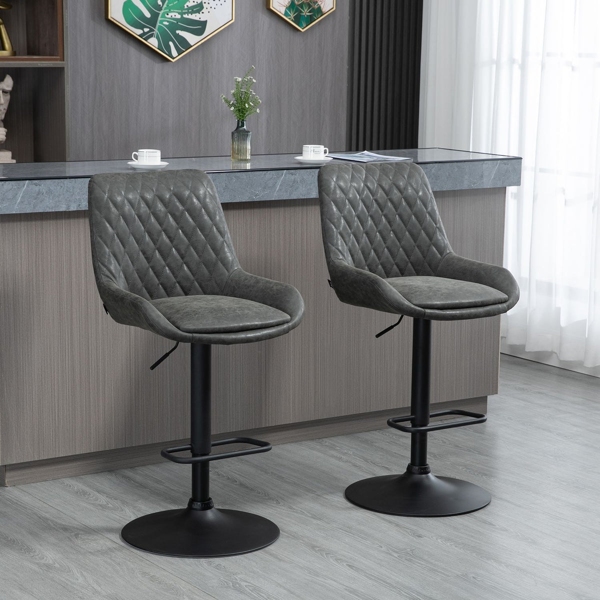 Set Of 2 Bar Stools, Kitchen Stools With Backrest, Height-Adjustable Bar Chair, Counter Chair With Footrest, Kitchen Chair, Faux Leather, Dark Gray