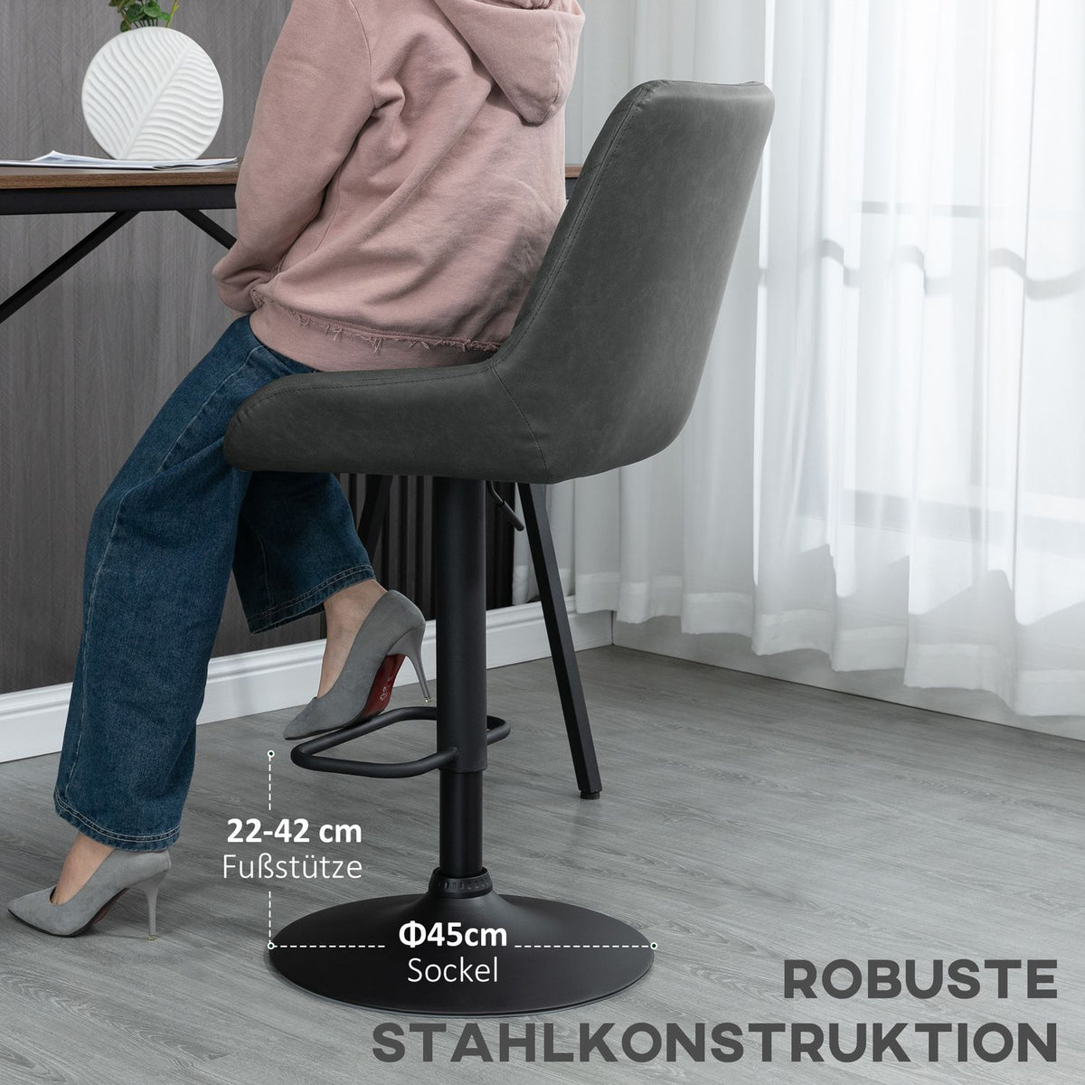 Set Of 2 Bar Stools, Kitchen Stools With Backrest, Height-Adjustable Bar Chair, Counter Chair With Footrest, Kitchen Chair, Faux Leather, Dark Gray