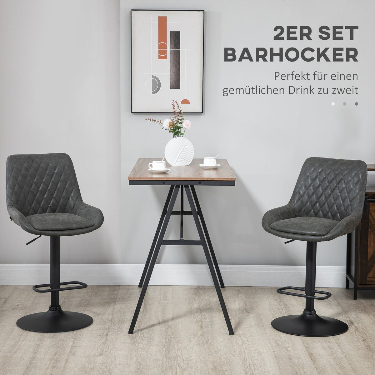 Set Of 2 Bar Stools, Kitchen Stools With Backrest, Height-Adjustable Bar Chair, Counter Chair With Footrest, Kitchen Chair, Faux Leather, Dark Gray