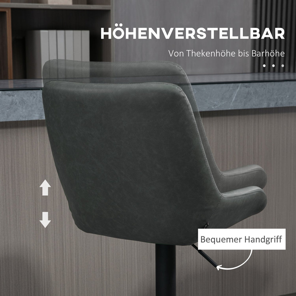 Set Of 2 Bar Stools, Kitchen Stools With Backrest, Height-Adjustable Bar Chair, Counter Chair With Footrest, Kitchen Chair, Faux Leather, Dark Gray