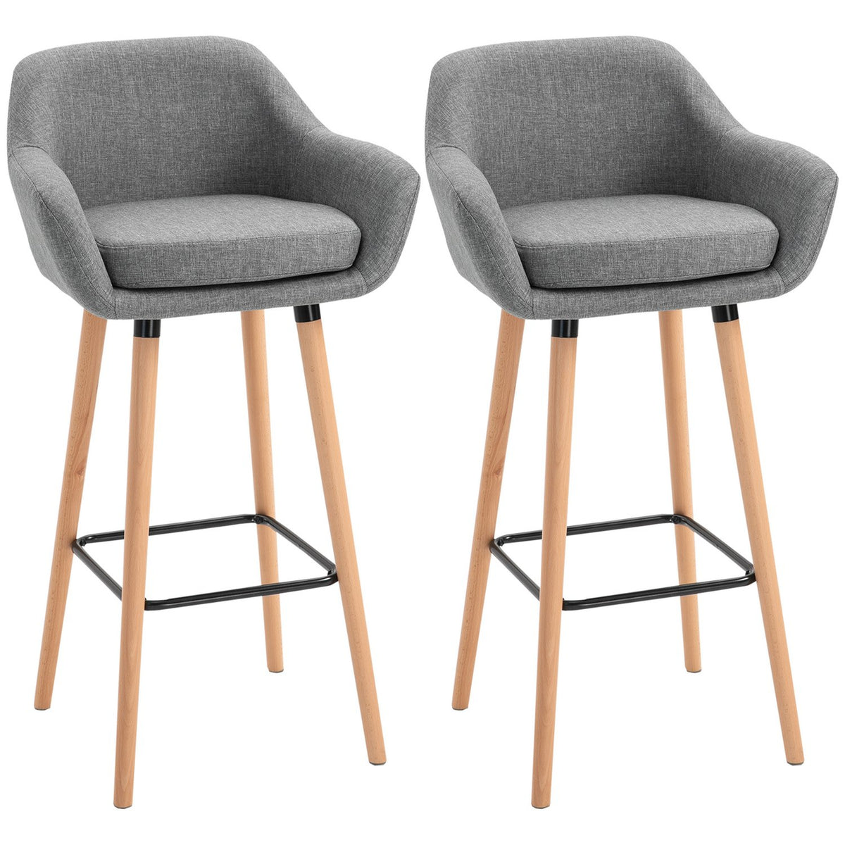 Set Of 2 Bar Stools, Linen Bar Chair With Seat Cushion, Kitchen Stool, Bistro Stool With Footrests, Counter Stool, Gray, 55 X 48 X 100 Cm