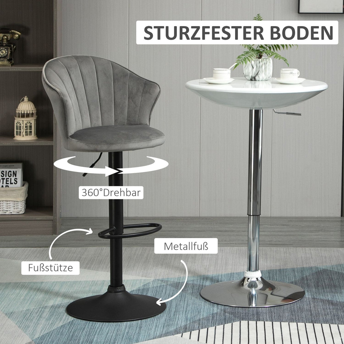 Set Of 2 Bar Stools Swivel Bar Chairs With Backrest Velvet Touch Height Adjustable Armless Foam Gray 51.5X 57.5 X 93-114.5 Cm