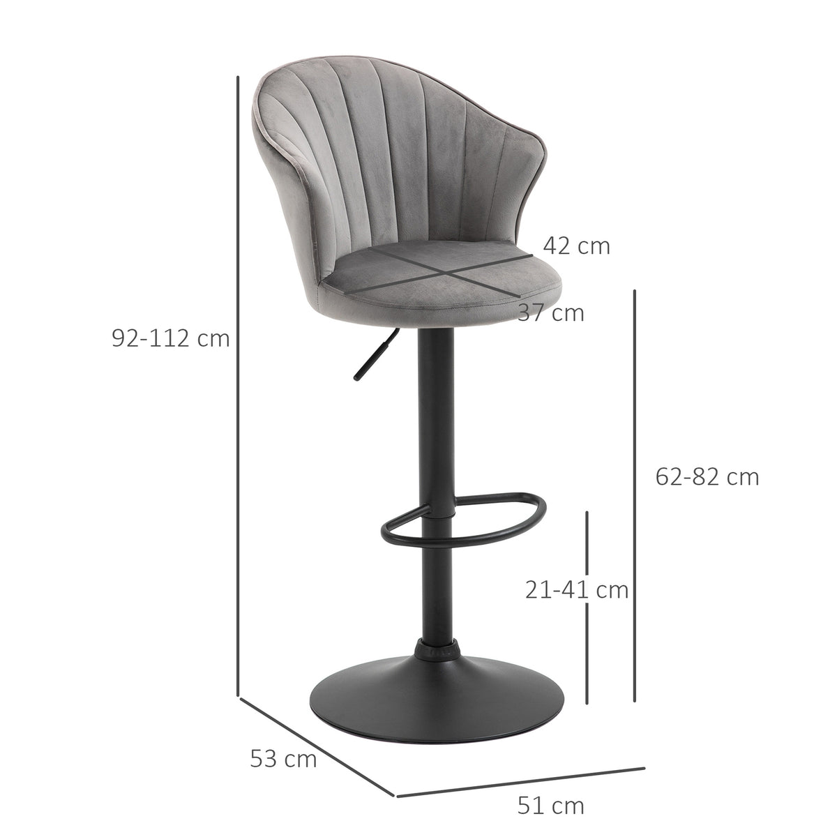 Set Of 2 Bar Stools Swivel Bar Chairs With Backrest Velvet Touch Height Adjustable Armless Foam Gray 51.5X 57.5 X 93-114.5 Cm