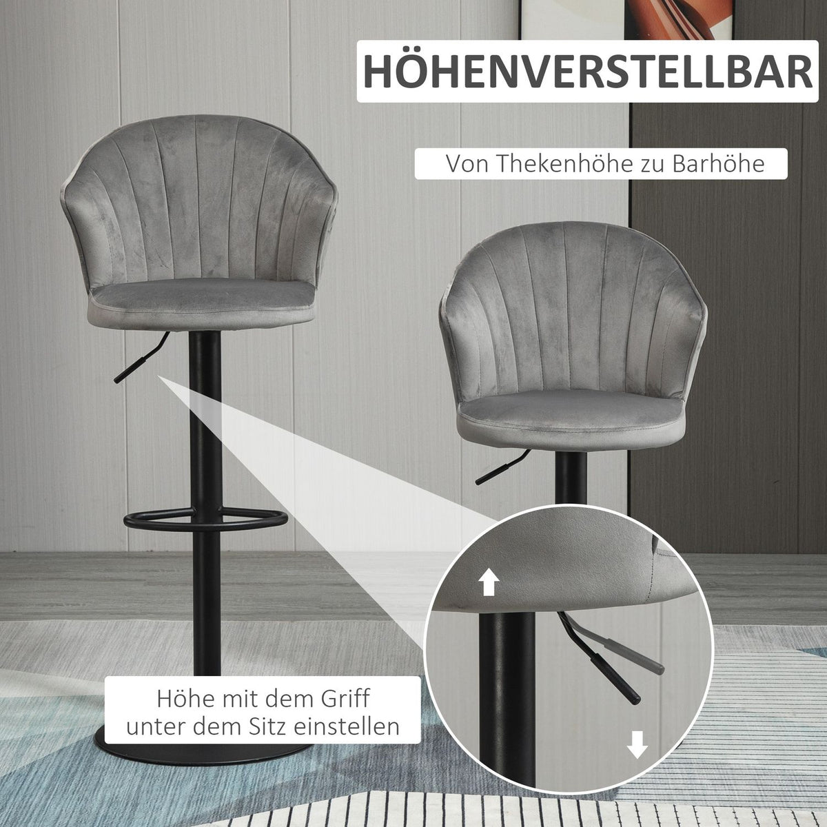 Set Of 2 Bar Stools Swivel Bar Chairs With Backrest Velvet Touch Height Adjustable Armless Foam Gray 51.5X 57.5 X 93-114.5 Cm