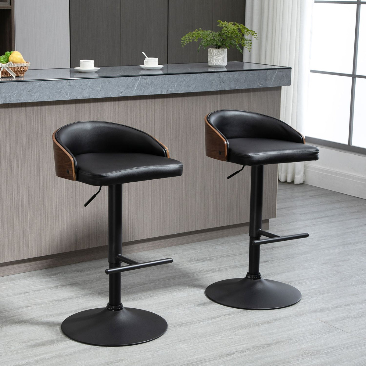 Set Of 2 Bar Stools Swivel Bar Chairs With Footrest Height Adjustable Kitchen Chairs Swivel Chairs Faux Leather Wood Black + Coffee 48 X 49.5 X 76-96 Cm