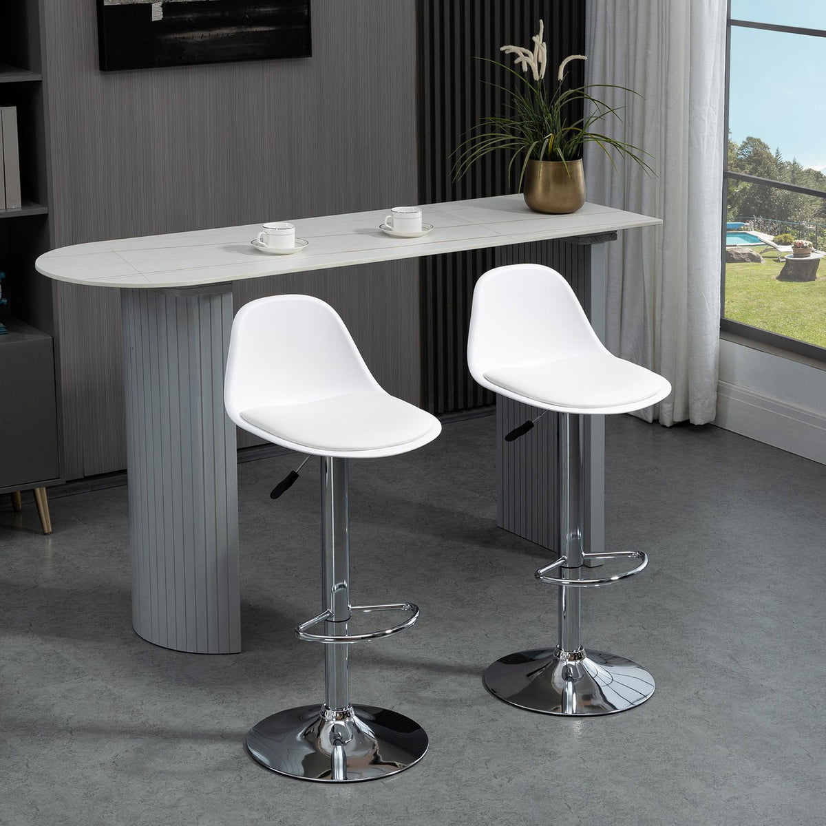 Set Of 2 Bar Stools Swivel Chairs With Backrest Modern Design Height Adjustable For Bar Counter White Faux Leather Steel Up To 120Kg 40X42X82-104 Cm