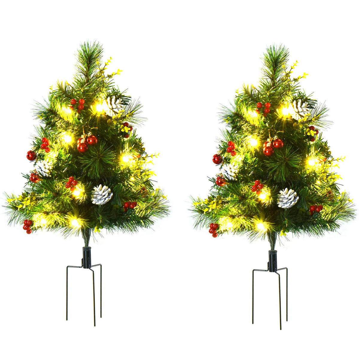 Set Of 2 Christmas Trees Mini Artificial Christmas Tree With Pine Cones And Red Berries, Balls And Warm White Led Lights Ø33 X 75 Cm