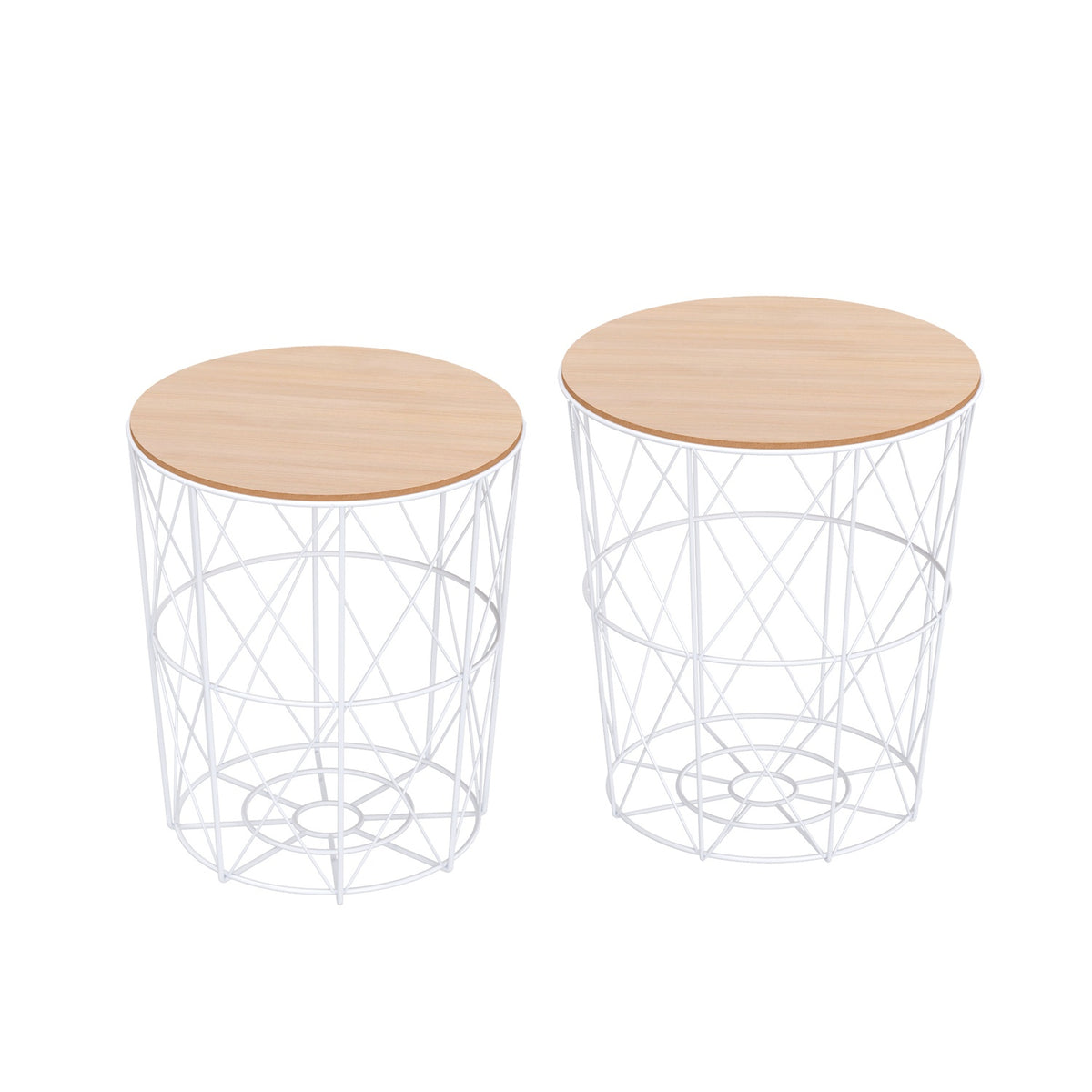 Set Of 2 Coffee Tables In Natural & White Side Table 2-Piece, Mdf + Metal, For Living Room & Bedroom, Ø40 X H45 Cm