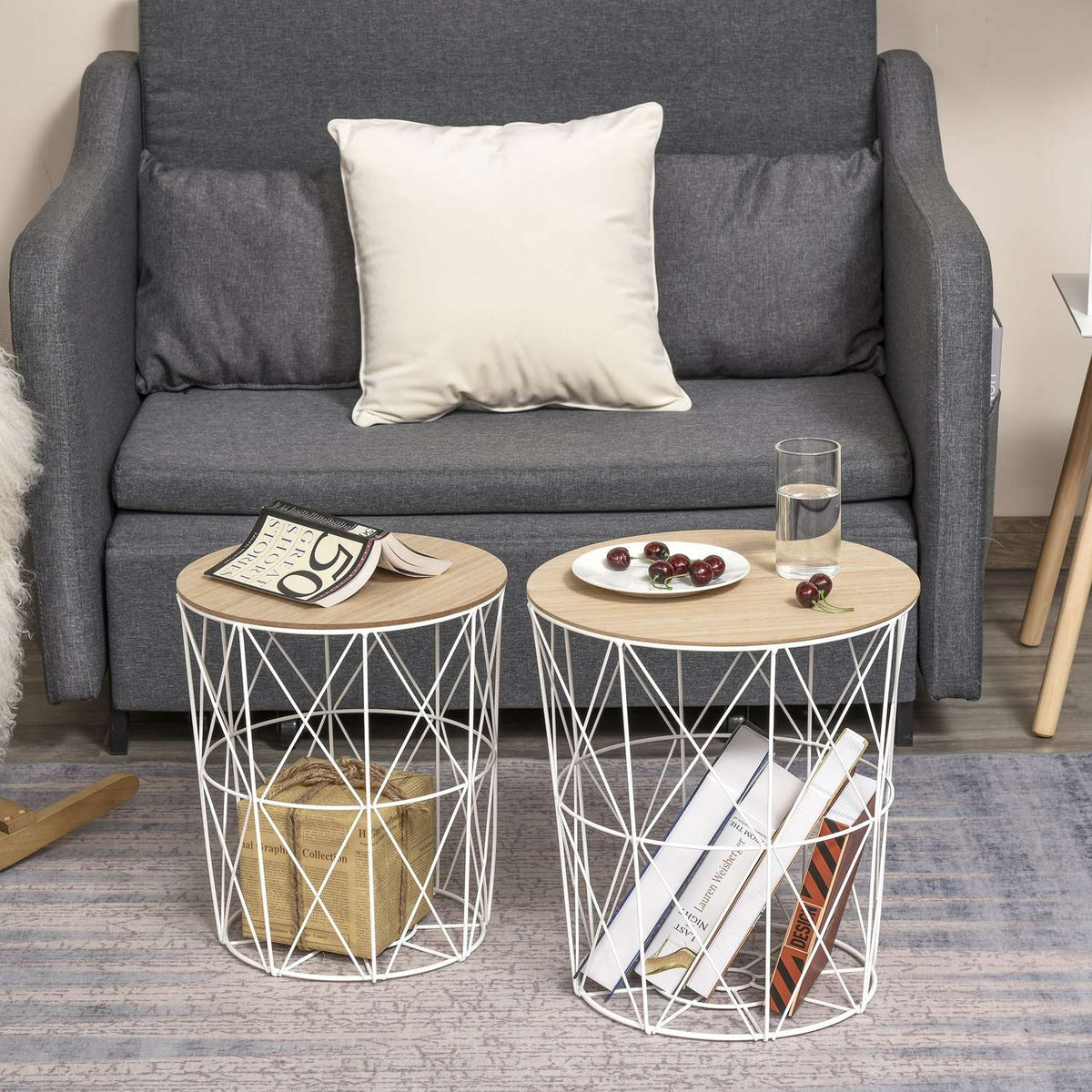 Set Of 2 Coffee Tables In Natural & White Side Table 2-Piece, Mdf + Metal, For Living Room & Bedroom, Ø40 X H45 Cm