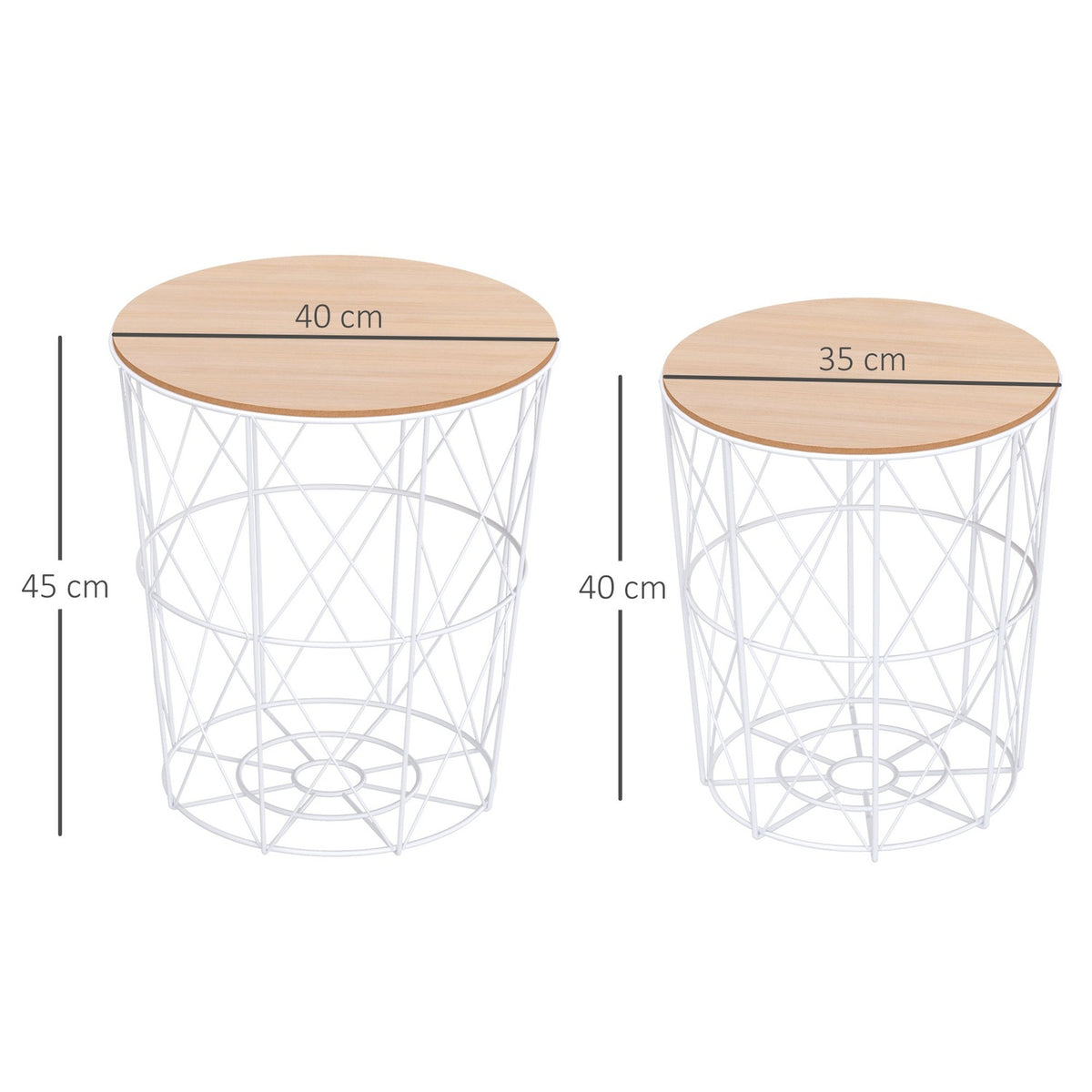 Set Of 2 Coffee Tables In Natural & White Side Table 2-Piece, Mdf + Metal, For Living Room & Bedroom, Ø40 X H45 Cm