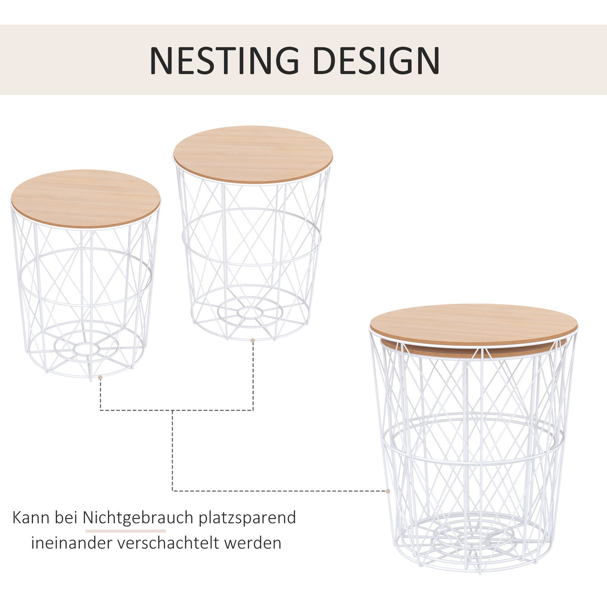 Set Of 2 Coffee Tables In Natural & White Side Table 2-Piece, Mdf + Metal, For Living Room & Bedroom, Ø40 X H45 Cm